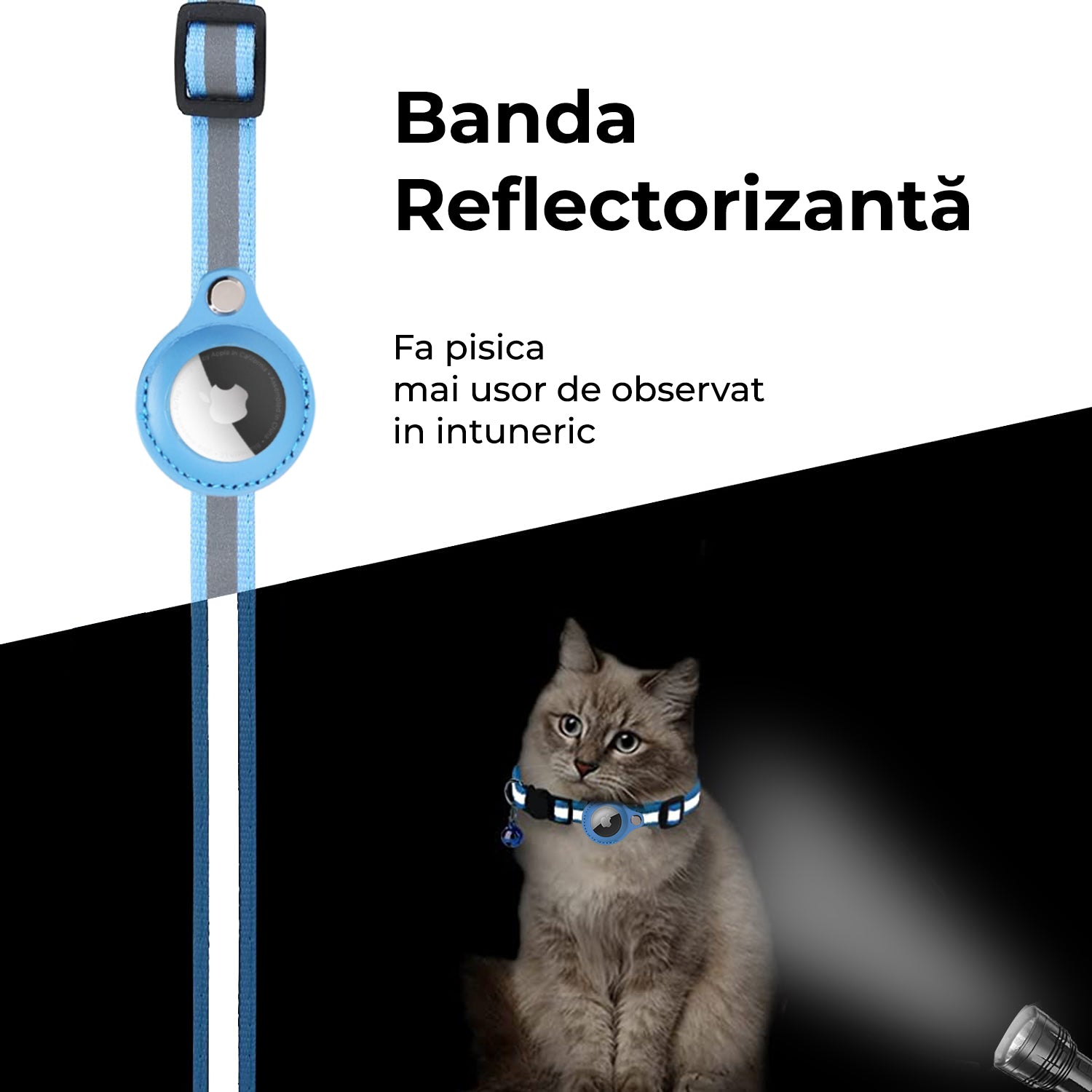 zgarda cu lacas pentru air tag / airtag / g spot / gps / locatie pentru pisica cu clopotel si banda reflectorizanta - pisiceala.ro